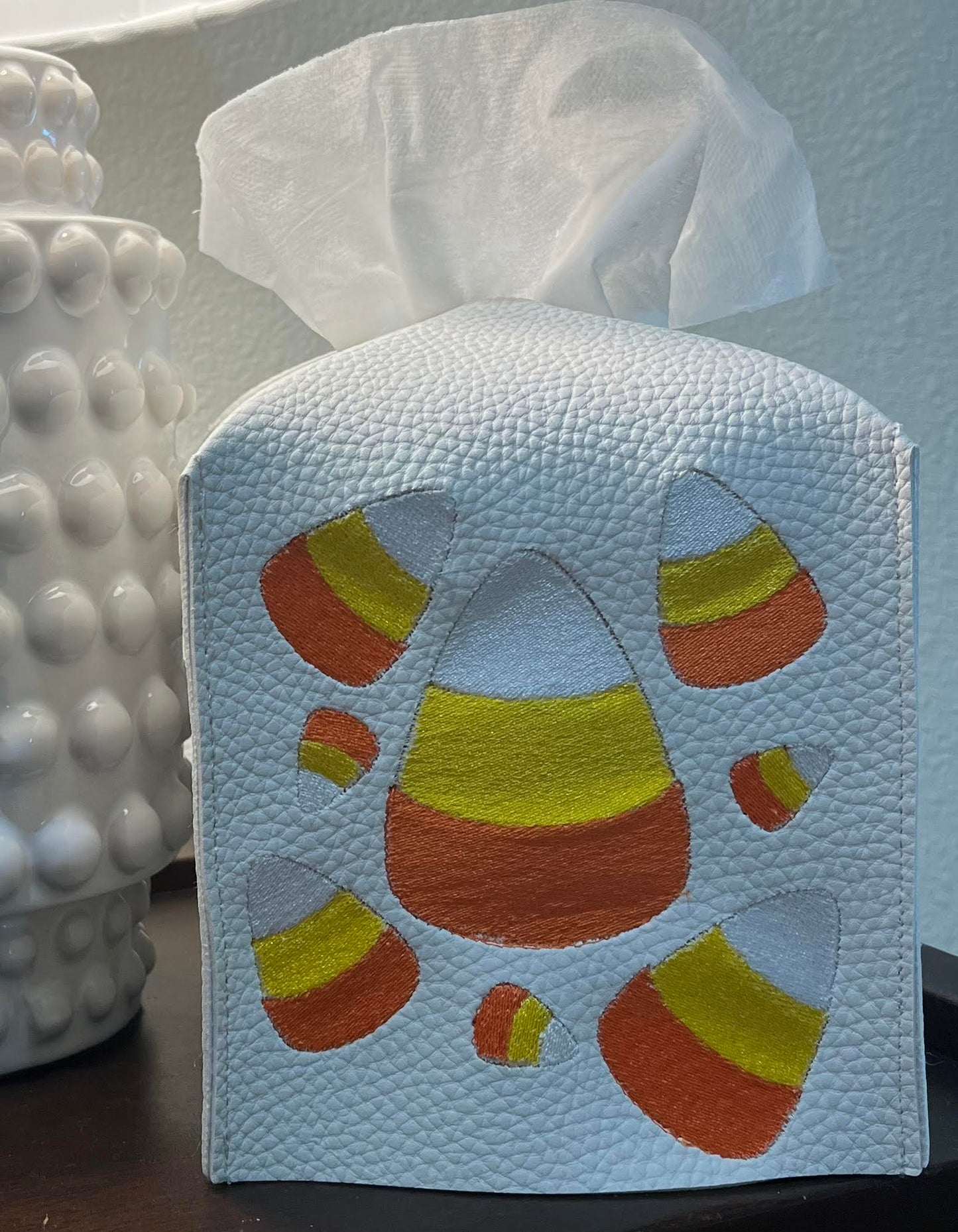 Leather Tissue Box Cover with Candy Corn Design