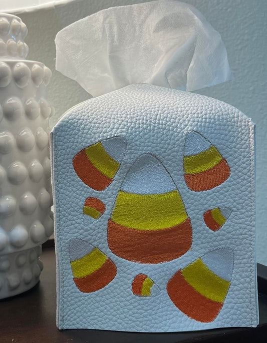 Leather Tissue Box Cover with Candy Corn Design