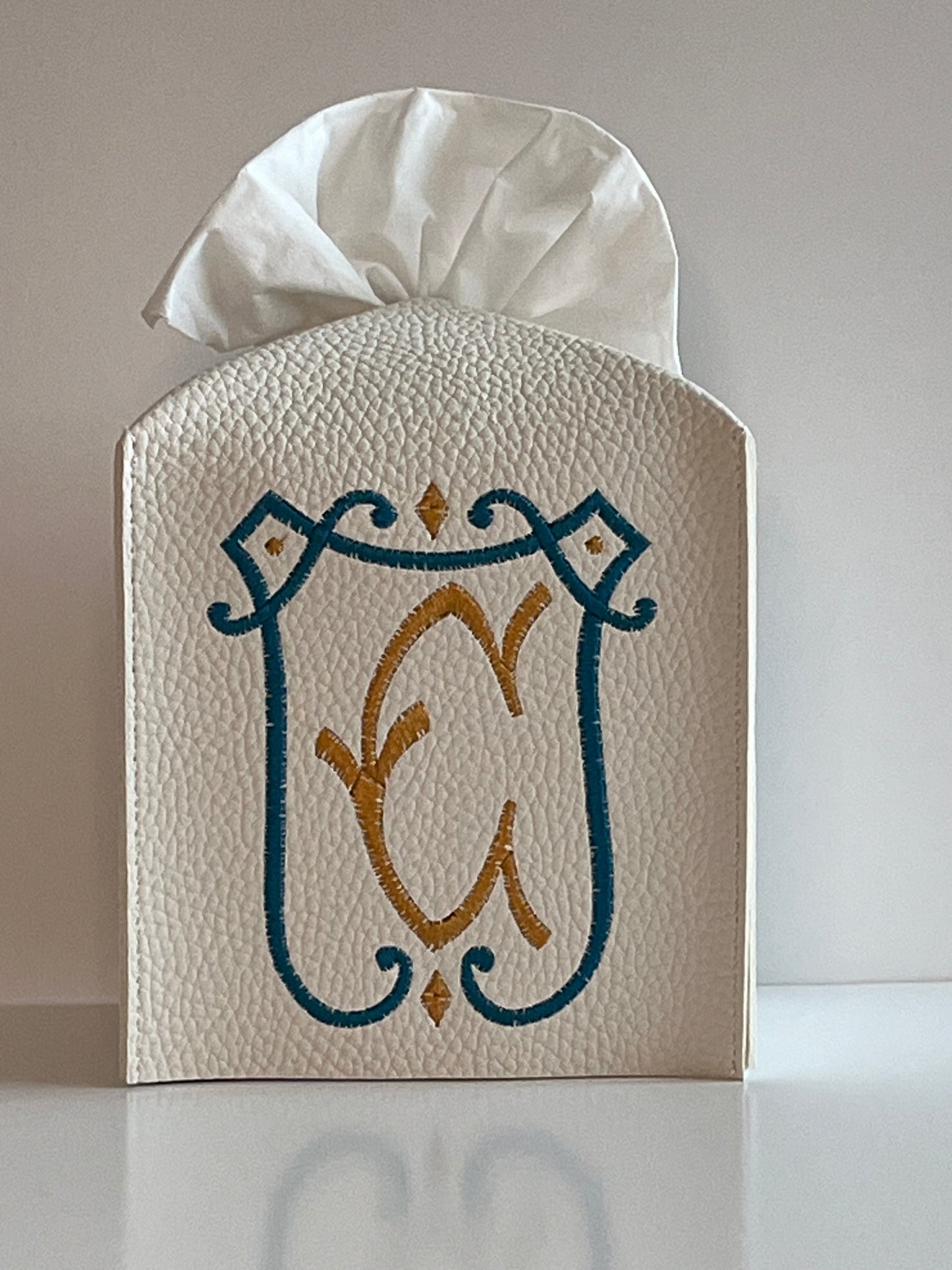 Custom Embroidered Leather Tissue Box Cover with Initial