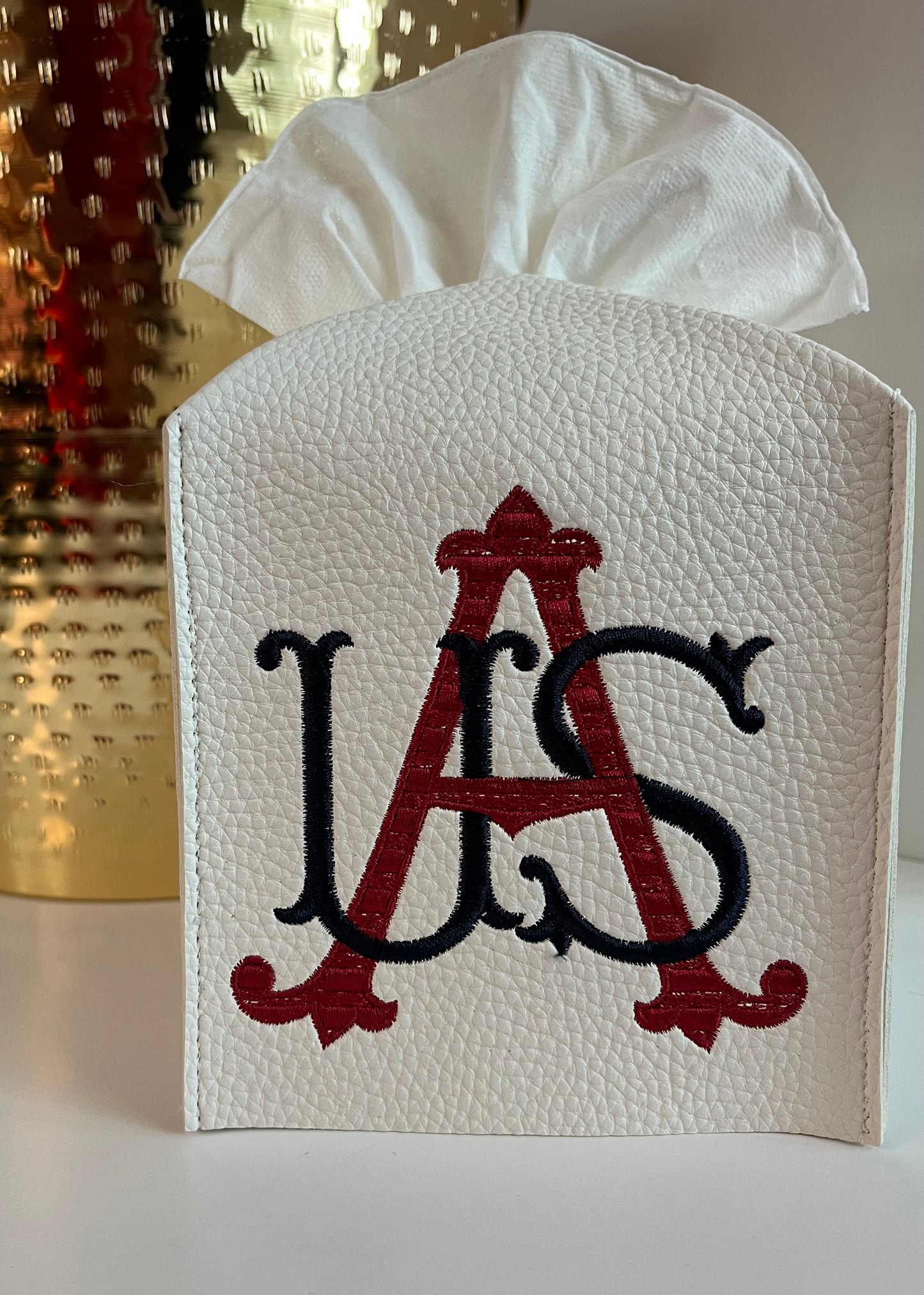 Embroidered USA Leather Tissue Box Cover