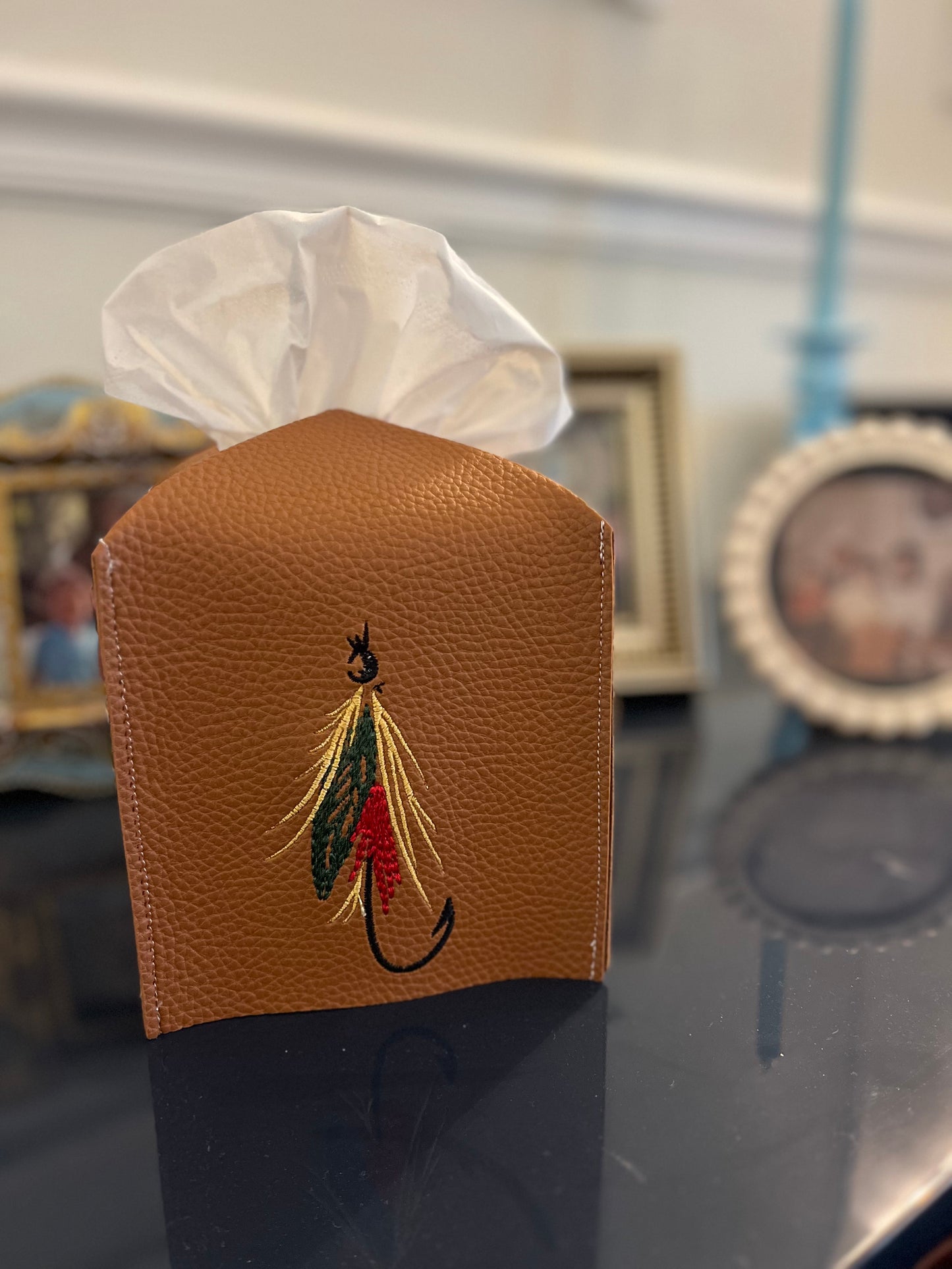 Fly-Fishing Lure Leather Tissue Box Cover