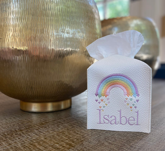 Custom Embroidered Rainbow with Hearts Tissue Box Cover