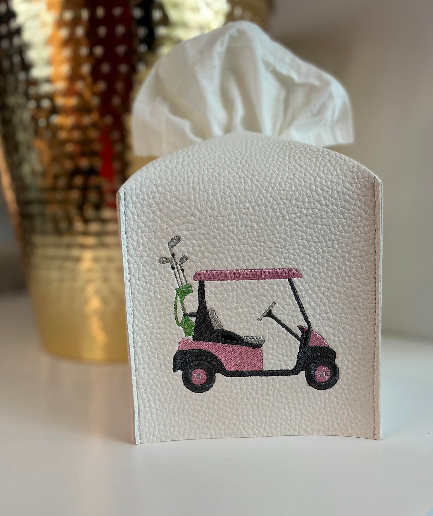 Custom Embroidered Golf Cart Leather Tissue Box Cover