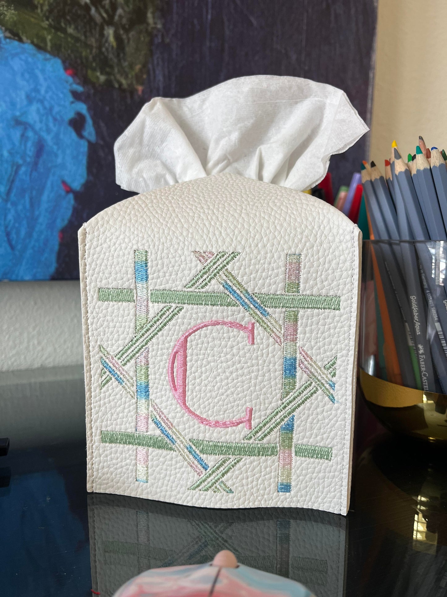 Leather Tissue Box Cover with Plaid Frame and Initial