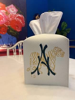 Embroidered Tiger with Bamboo Initial Leather Tissue Box Cover